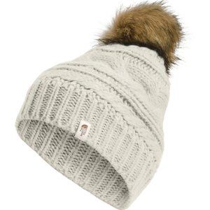 The North Face Women's Triple Cable Fur Pom Beanie in ivory
